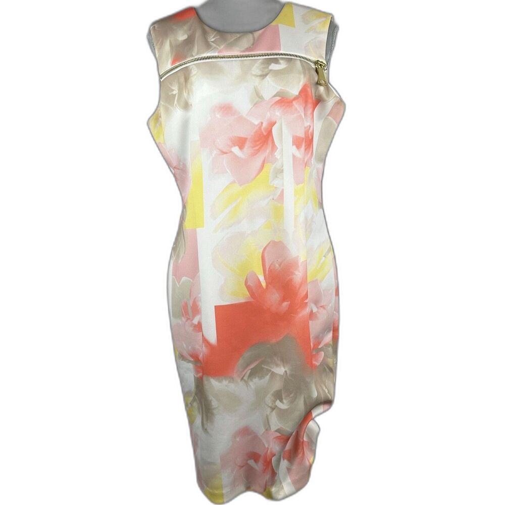 Calvin Klein Womens Coral Yellow Floral Print Zipper Sheath Dress 14